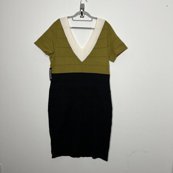 New York & Co Knit Dress Womens 2XL Green Black Colorblock Deep V Short Sleeve - Picture 1 of 13